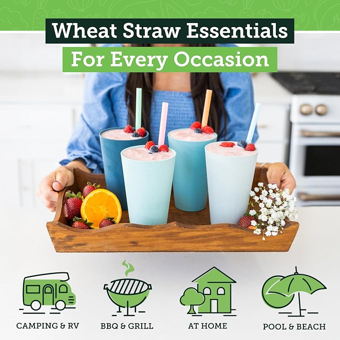 Grow Forward Premium Wheat Straw Cups - 20 oz Unbreakable BPA Free Hard Plastic Cups - Reusable Lightweight Plastic Drinking Glasses for Kitchen, Outdoor, Water, Camping, RV - Seascape