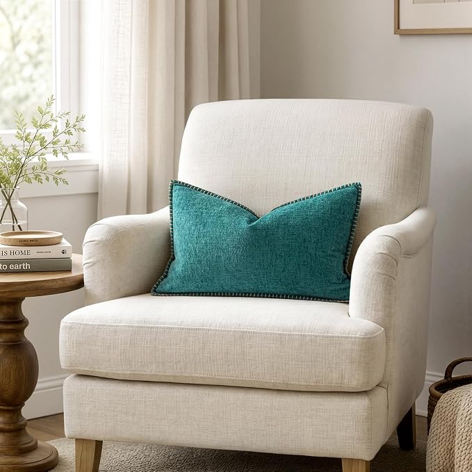 MIULEE Pack of 2 Lumbar Throw Pillow Covers 12x20 Inch Teal Farmhouse Decorative Pillow Covers with Stitched Edge Soft Chenille Solid Dyed Summer Pillow Covers for Couch Sofa Bed Living Room