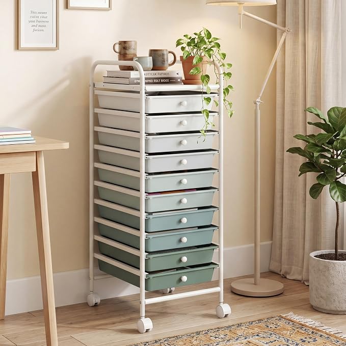 COSTWAY 10-Drawer Rolling Storage Cart, Utility Mobile Trolley with Removable Drawers & Universal Casters & 2 Brakes (Green Gradient,13"L x 15"W x 34"H (10 Drawer))