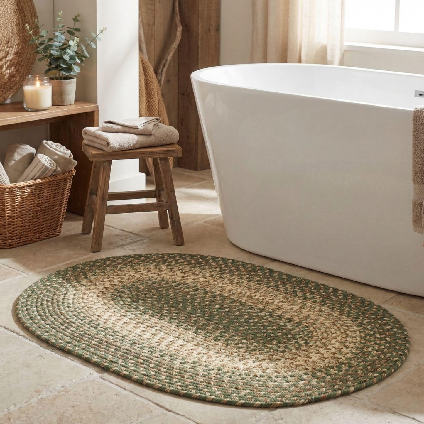 Super Area Rugs Braided Rugs 2X3 Farmhouse Kitchen Rug - Ridgewood Braided Rug for Front Door Entryway - Reversible - Indoor/Outdoor - Made in USA - Forest Green/Beige, 2' W X 3' L Oval