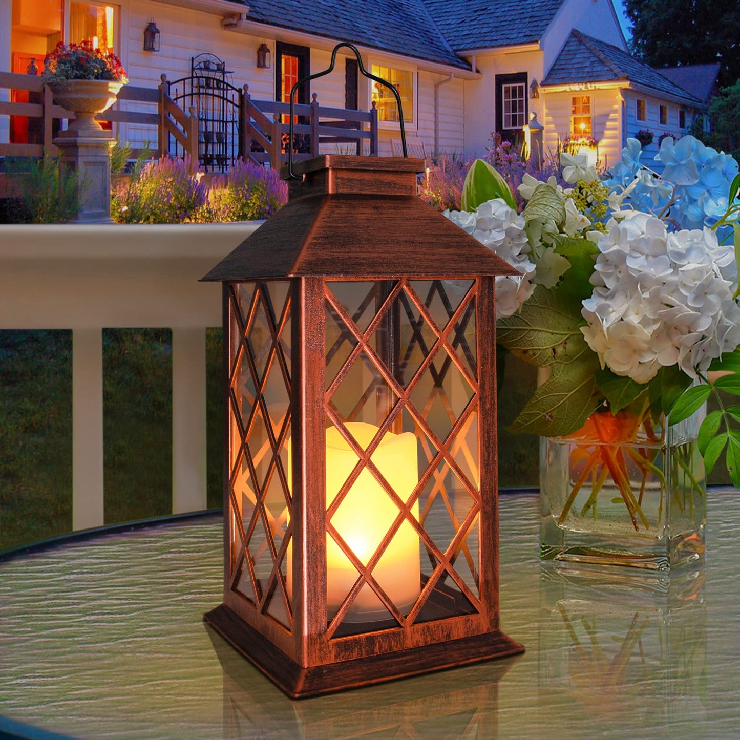 [2 Pack] TAKE ME 14" Solar Lantern Outdoor Garden Hanging Lantern Waterproof LED Flickering Flameless Candle Mission Lights for Table,Outdoor,Christmas Gifts Mom Wife
