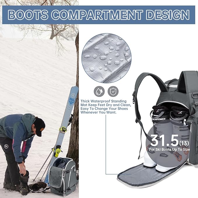 Ski Boot Bag, 50L Ski Boot Travel Backpack for Skis, Snowboard & Accessories, Waterproof Padded Ski Boot Bag Backpack