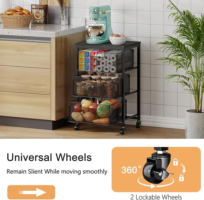 Pantry Organizer and Storage Cart, 3-Tier Kitchen Storage Cart with Drawer, Fruit Vegetable Storage Cart with Wheels, Wooden Top Metal Wire Kitchen Organizer Rack Stand for Food Snack Onion Potato