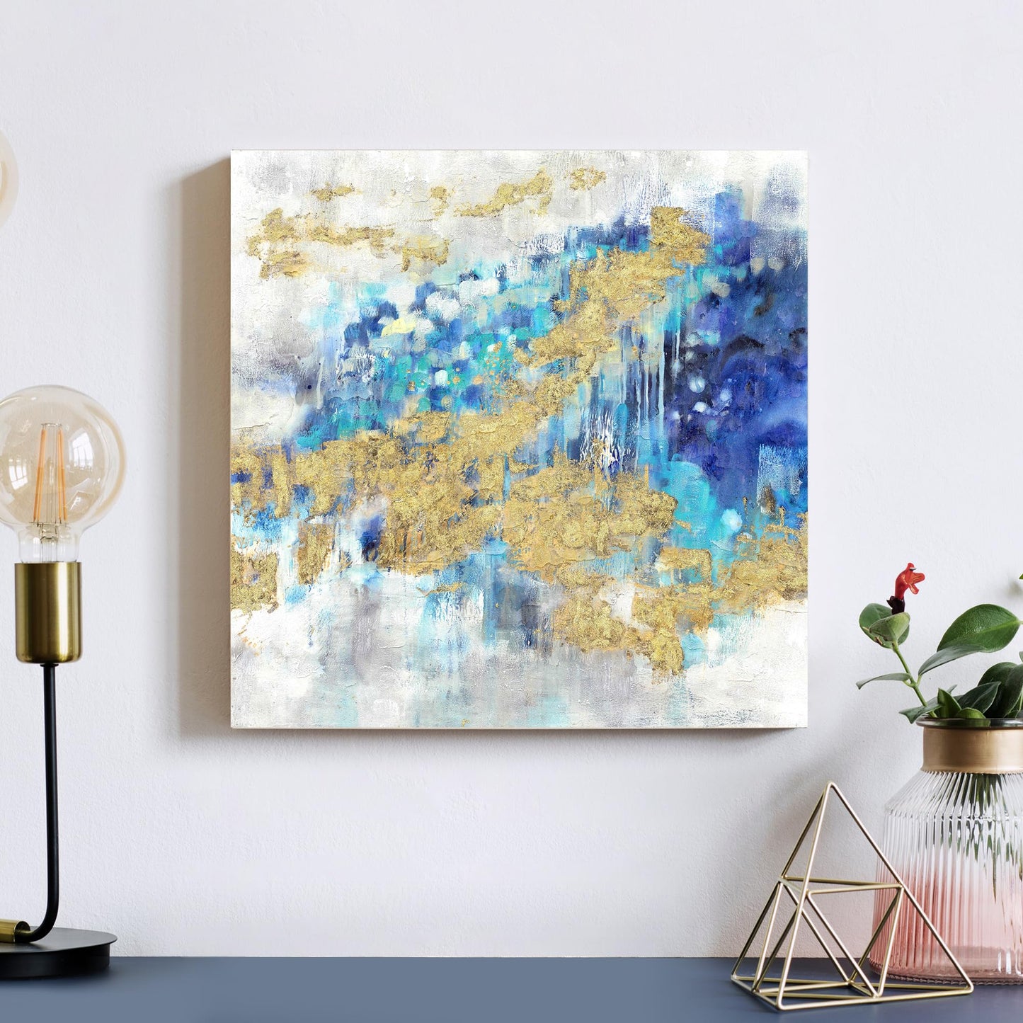 Abstract Modern Canvas Wall Art Painting: Blue Artwork Gold Foil Painted Picture White Grey Background Print for Office Home Living Room Wall Decor（12‘’x12'')