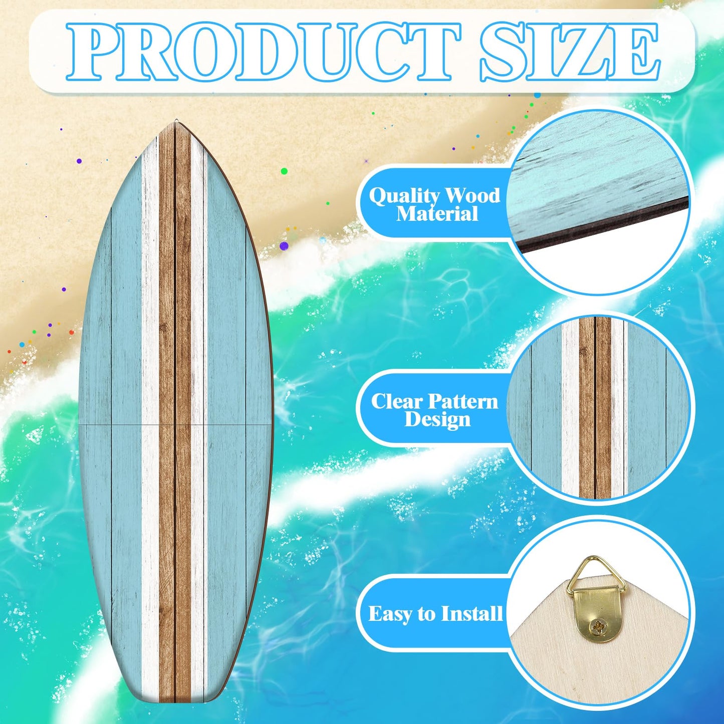 Yookeer 3 Pcs Surfboard Wall Decor,36" x 12" Large Wooden Surfboard Wall Art Set, Beach Room Decor Aesthetic Cute Beachy Tropical Surf Board Art for Surfer Bedroom Decoration(Blue,Cute)