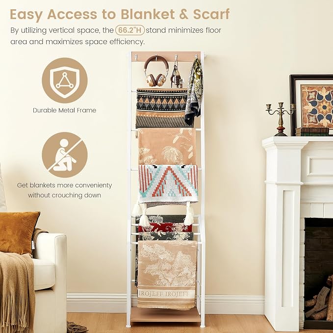Pinzoveco Blanket Ladder, 7 Tier Blanket Ladders for The Living Room,Wooden Ladder Shelf with Hooks, 5.5ft Blanket Holder Rack Farmhouse Ladder Rack for Storage and Home Decor (White)