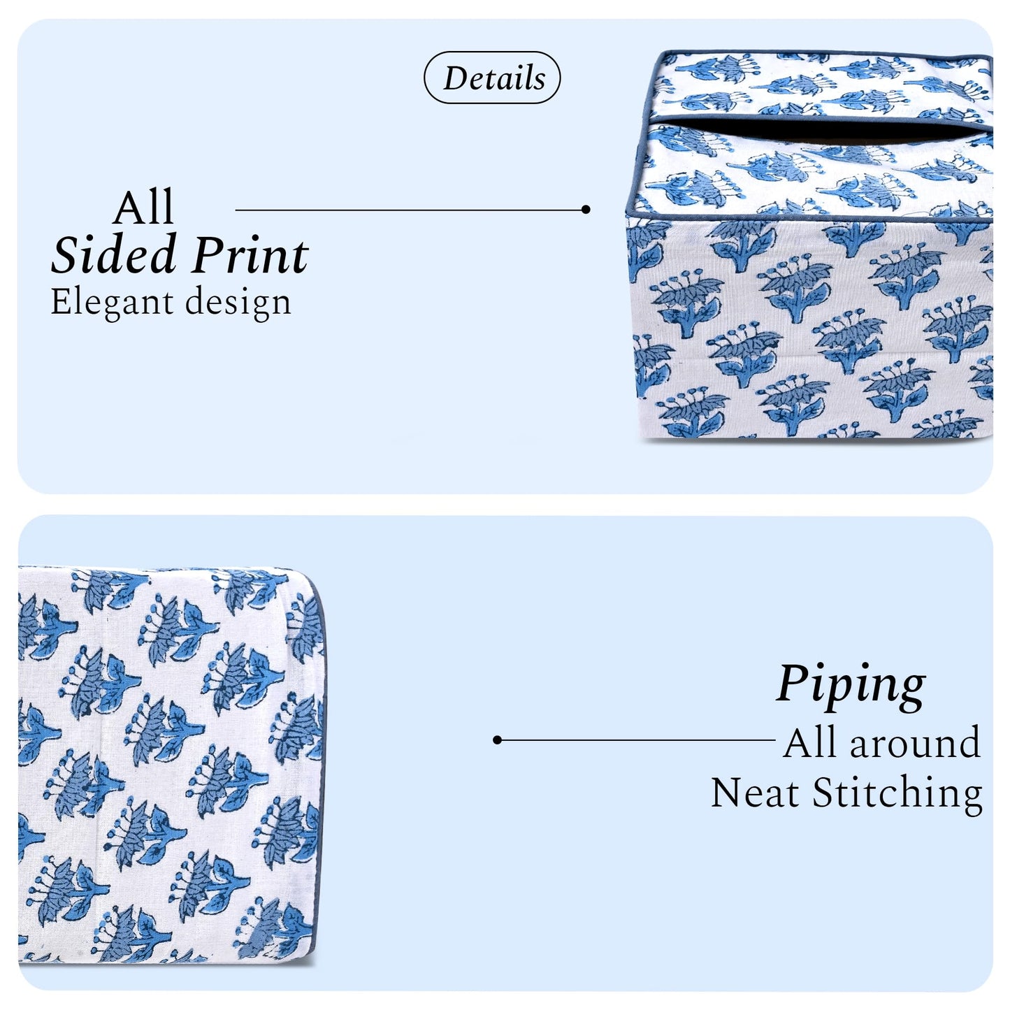 CPC Apatite Blue Hand Block Printed Cotton Tissue Box Cover 5" x 5" x 5.5" Square Soft Reusable Boho Napkin Holder for Home Kitchen Dining Bathroom Office Cafe Spa, Gift for Spring, Mother's Day