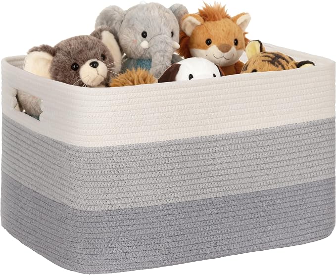 86L Extra Large Laundry Basket with Leather Handles for Living Room Storage, Woven Rope Baskets for Blanket, Kids Toy, Gifts, Wicker Hamper for Bedroom Dirty Clothes, 24"x16"x14" Gradient Grey