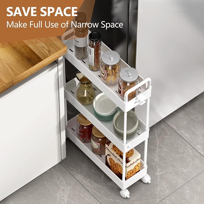 SOLEJAZZ Slim Rolling Storage Cart with Wheels 3 Tier Skinny Bathroom Storage Organizer Thin Laundry Room Utility Cart Space-Saving for Bedside Kitchen Office Small Narrow Places, White