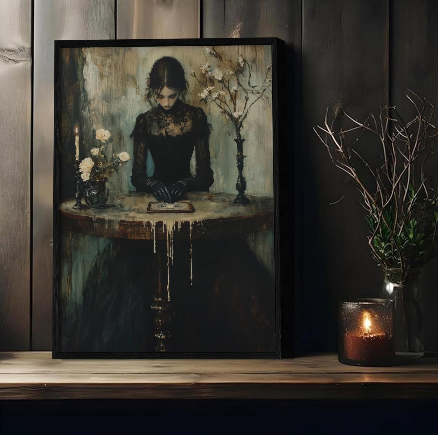 Framed Dark Academia Canvas Wall Art Gothic Victorian Woman Painting Picture Wall Decor Moody Occult Botanical Aesthetic Poster Print Artwork for Gallery Living Room Bedroom Home Decoration