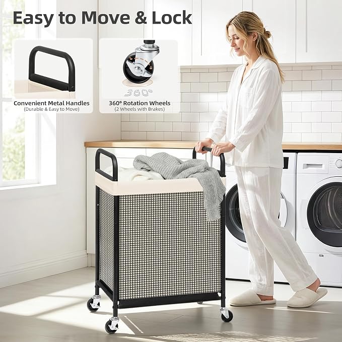 STORAGE MANIAC Rolling Laundry Hamper with Wheels 1-Section Laundry Sorter Rolling Laundrys Basket on Wheels with Removable Bag Clothes Hamper Laundrys Organizer Cart Bathroom Bedroom 90L Beige