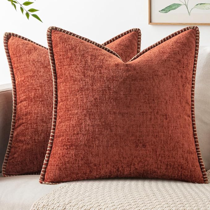 MIULEE Pack of 2 Fall Couch Throw Pillow Covers 18x18 Inch Burnt Orange Farmhouse Decorative Pillow Covers with Stitched Edge Soft Chenille Solid Dyed Pillow Covers for Sofa Bed Living Room
