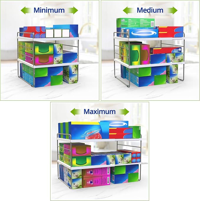 YAN & HIN 2 Pack Expandable Cabinet Organizer Shelf, 3-Tier Kitchen Cabinet Organizer for Tupperware & Food Container Storage, Adjustable Pantry Shelf Organizer for Bottles, Lids & Countertop