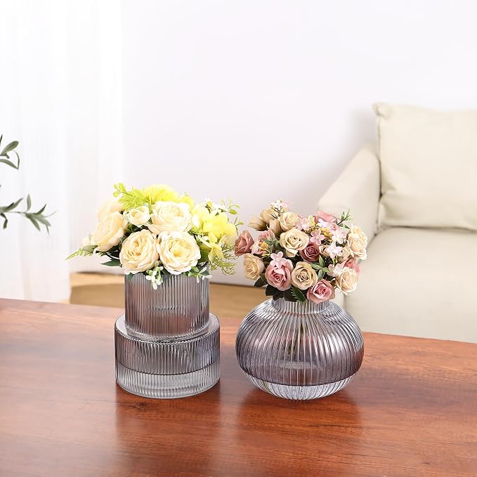 Ribbed Glass Vases, Set of 2 Fluted Vases for Flowers, Black Glass Vase for Tulips, Modern Vase for Living Room, Kitchen, Office, Entryway, Mantle, Bookshelf, Wedding Gifts, Birthday