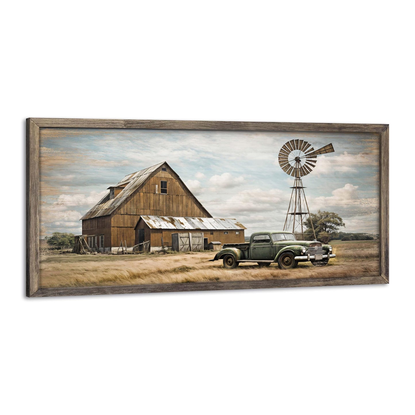 Farmhouse Barn Wood Wall Art: Framed Rustic Farm House Windmill Retro Truck Countryside Old Car Landscape Prints Picture Decor for Bedroom Bathroom Home Office 24" x 12"