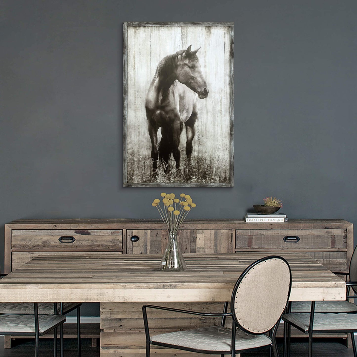 artopia Horse Wooden Farmhouse Wall Art: Farmed Rustic Gray Horse Decor Nature Wildlife Portrait Painting Western Animals for Bedroom Farm 16x12