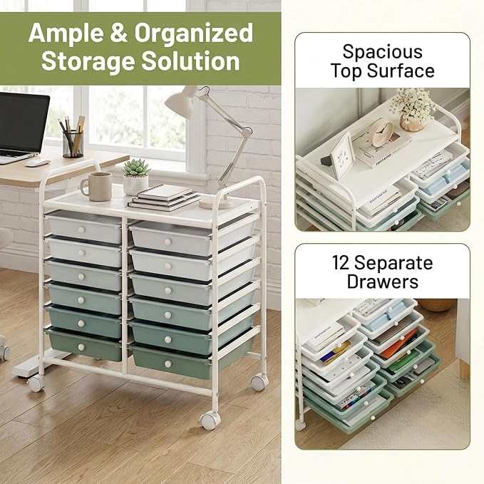 COSTWAY 12-Drawer Rolling Storage Cart, Utility Storage Organizer Cart for Tools, Scrapbook, Paper, Craft, Multipurpose Art Supply Organizer on Wheels for Home Office School, Teacher, Green Gradient