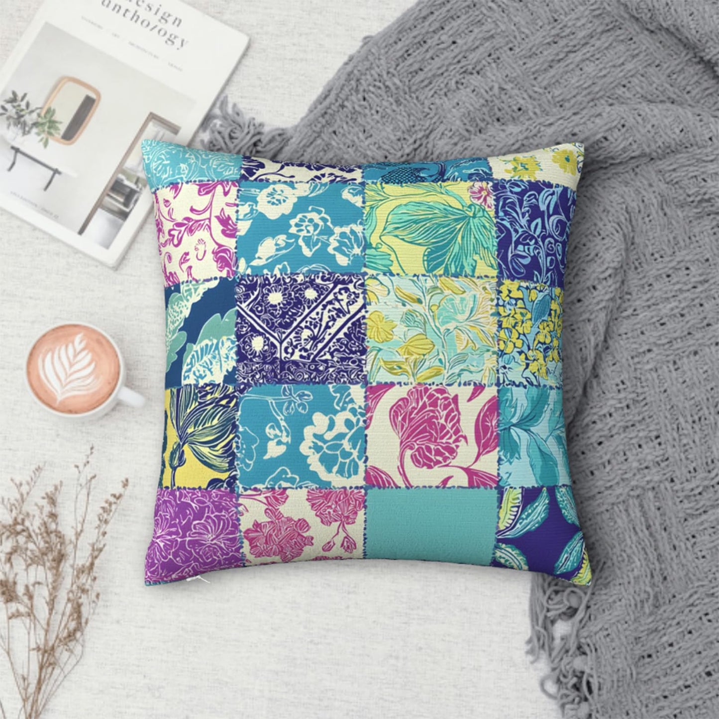 NenuVainl Throw Pillow Covers 18x18 Set of 2,Patchwork-Inspired Print Cushion Covers, Decorative Square Pillowcases for Couch, Bedroom, Living Room