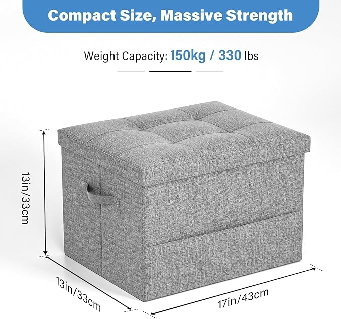 Dayacoco Storage Ottoman Foot Rest Stool, Foldable Foot Rest Stool with Thicker Foam Padded Seat, 43L Small Ottoman with Storage, Holds Up to 350lbs, 17x13x13in,Drak Gray