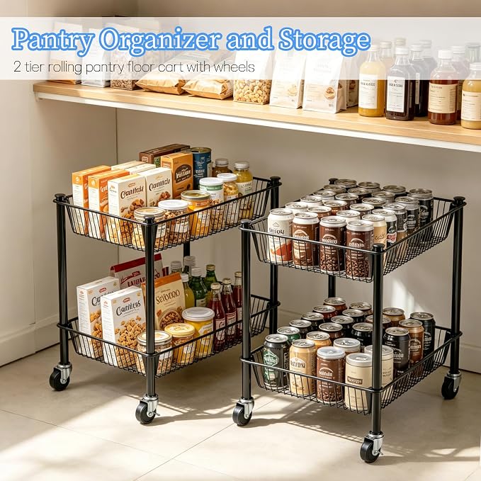 2 Tier Rolling Pantry Cart on Wheels Thick Metal Pantry Floor Organizer Small Utility Cart for Small Space, Fruit Vegetables Rack for Kitchen, Under Desk Storage Onion Potato Storage Basket, Black