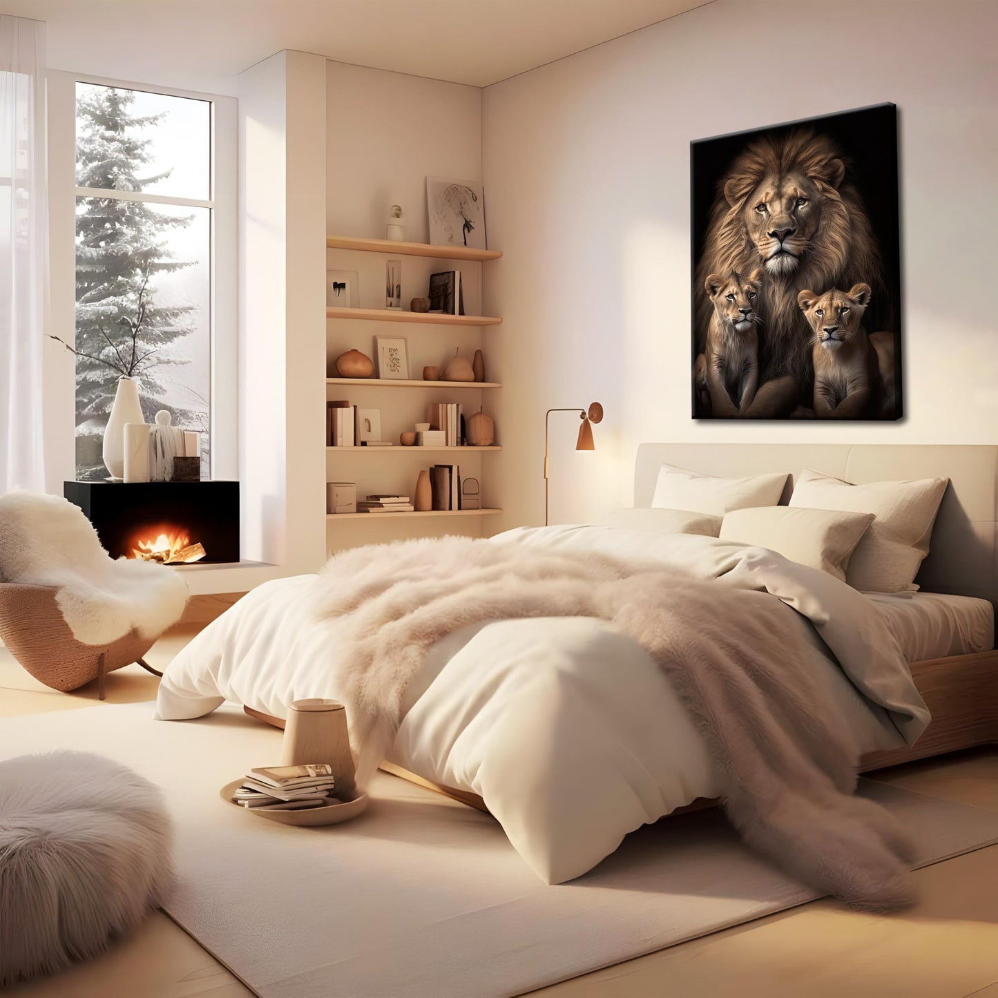 Eysintum Framed Lion Wall Art Lion Family with Cubs Canvas Print Wildlife Animal Painting for Living Room Bedroom Office Home Decor Ready to Hang 12x16in