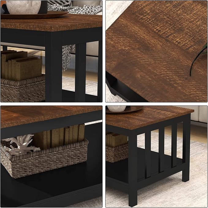 ChooChoo Farmhouse Coffee Table, Black Living Room Table with Shelf, 40 Inch