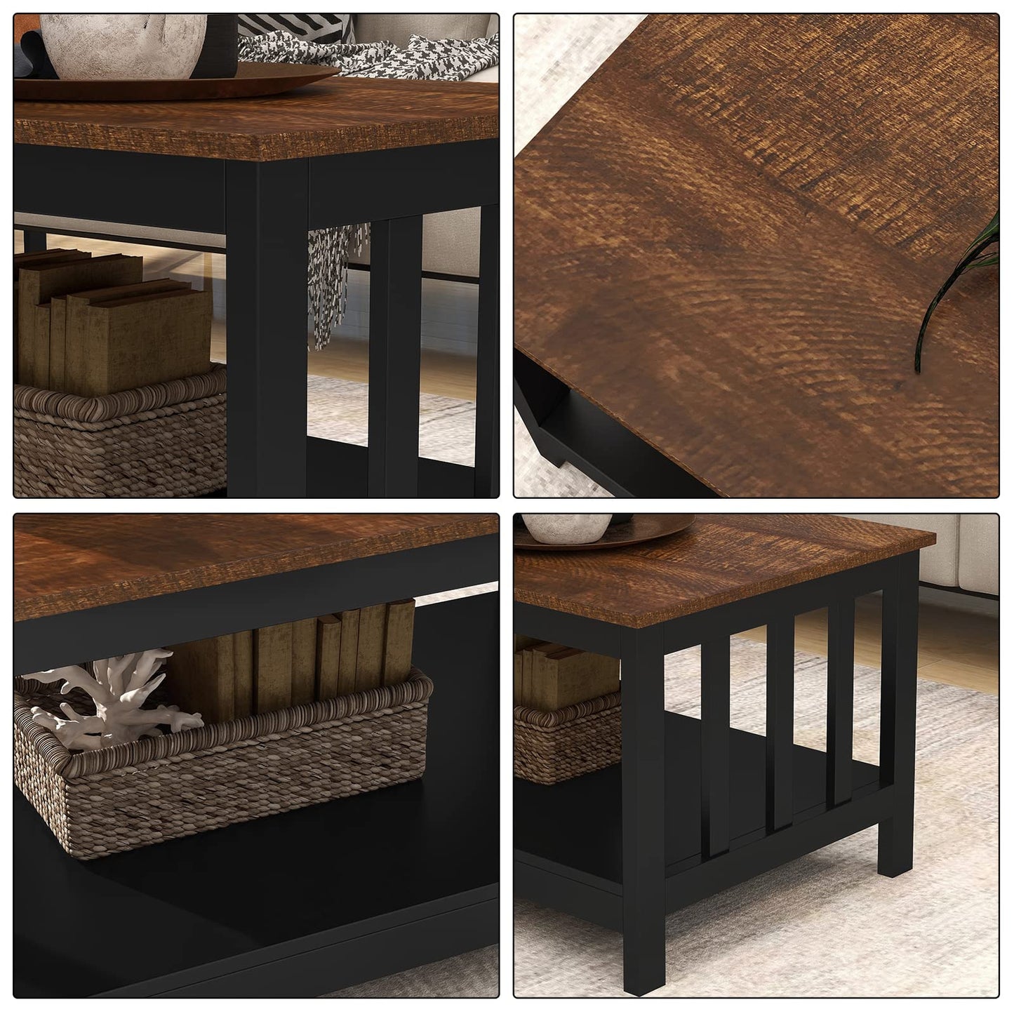 ChooChoo Farmhouse Coffee Table, Black Living Room Table with Shelf, 40 Inch