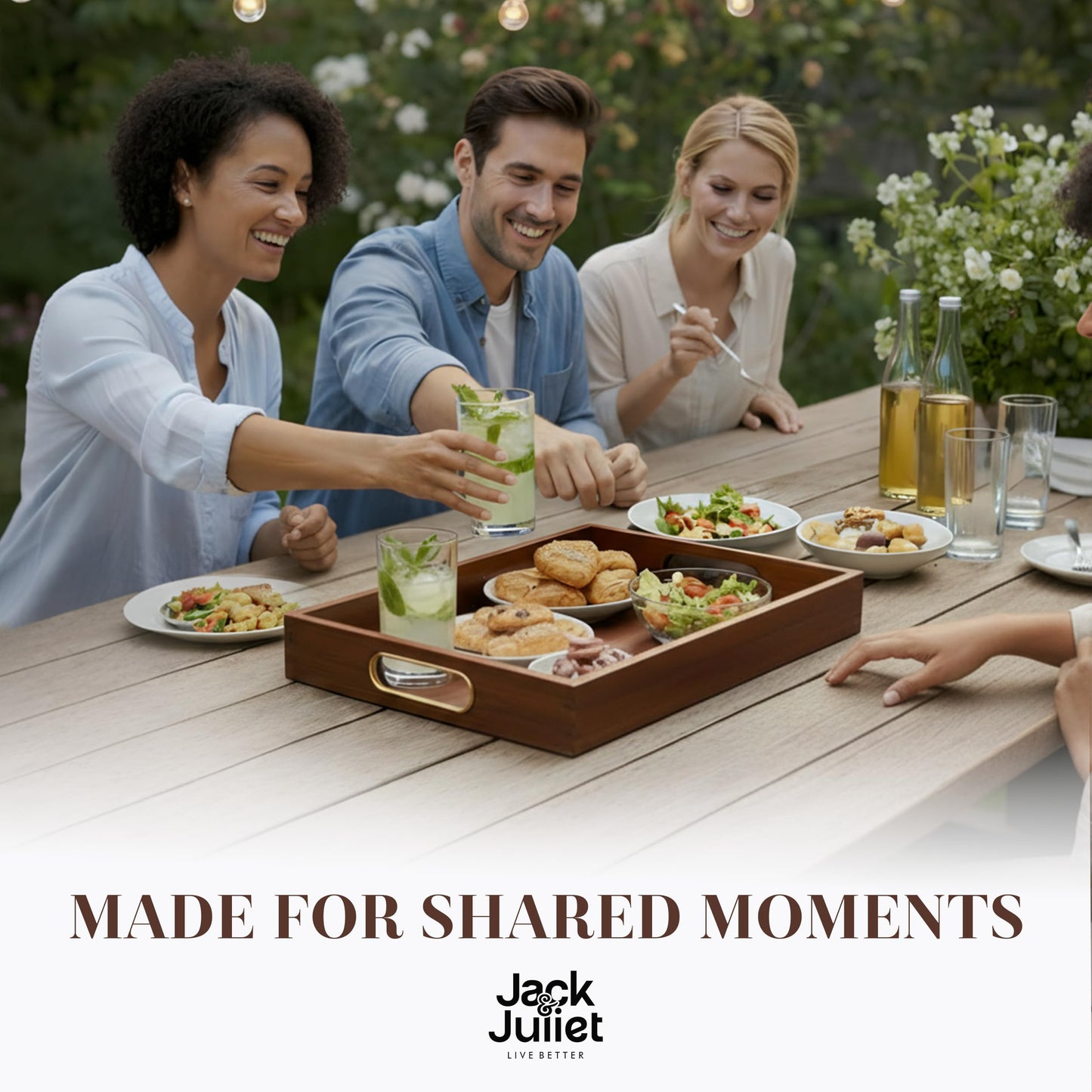 Jack & Juliet Teak Wood Ottoman Tray – Large Wooden Multifunctional Tray with Real Brass Handles - Non Slip Base in Food-Safe Finish - Gift-Ready Packaging for Coffee Table and Home Decor (Walnut)