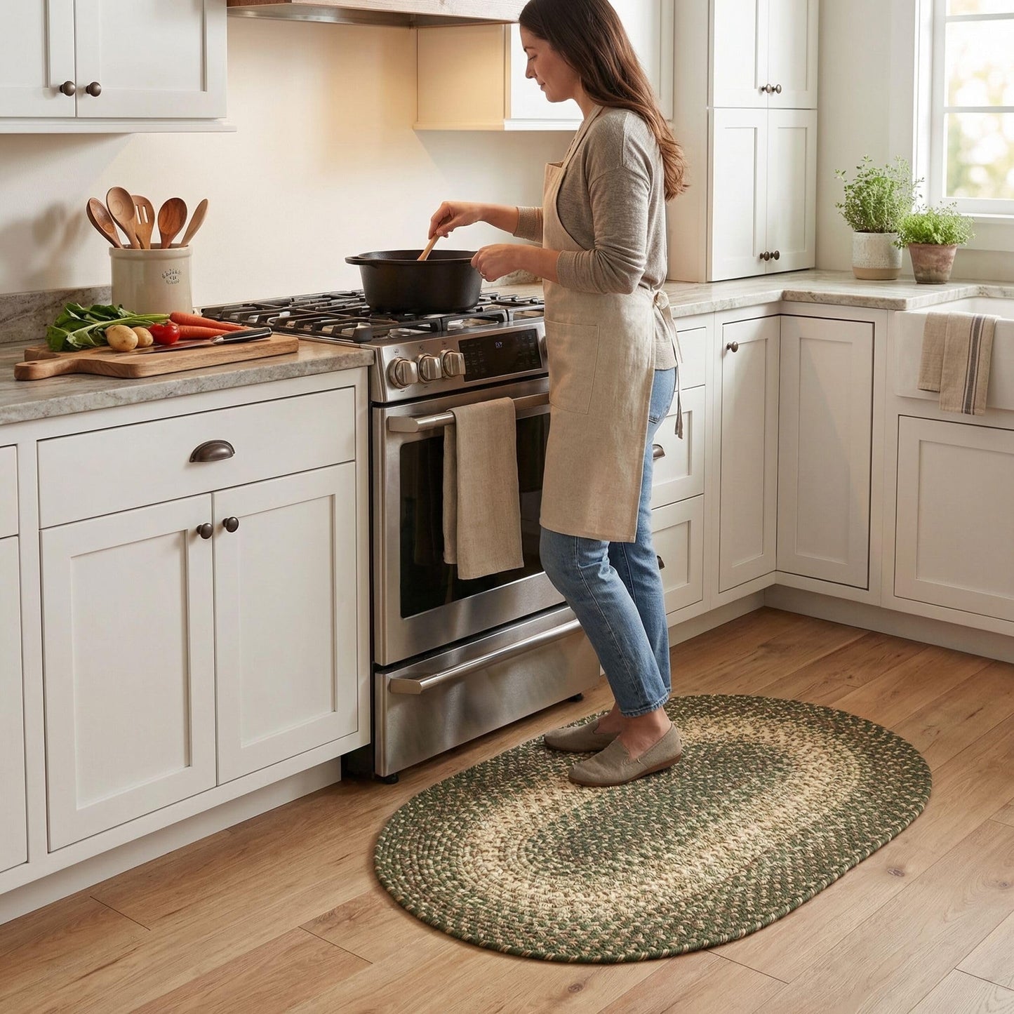 Super Area Rugs Braided Rugs 2X3 Farmhouse Kitchen Rug - Ridgewood Braided Rug for Front Door Entryway - Reversible - Indoor/Outdoor - Made in USA - Forest Green/Beige, 2' W X 3' L Oval