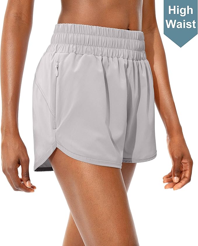 SANTINY Women's Running Shorts with Zip Pockets High Waisted Athletic Workout Gym Shorts for Women with Liner