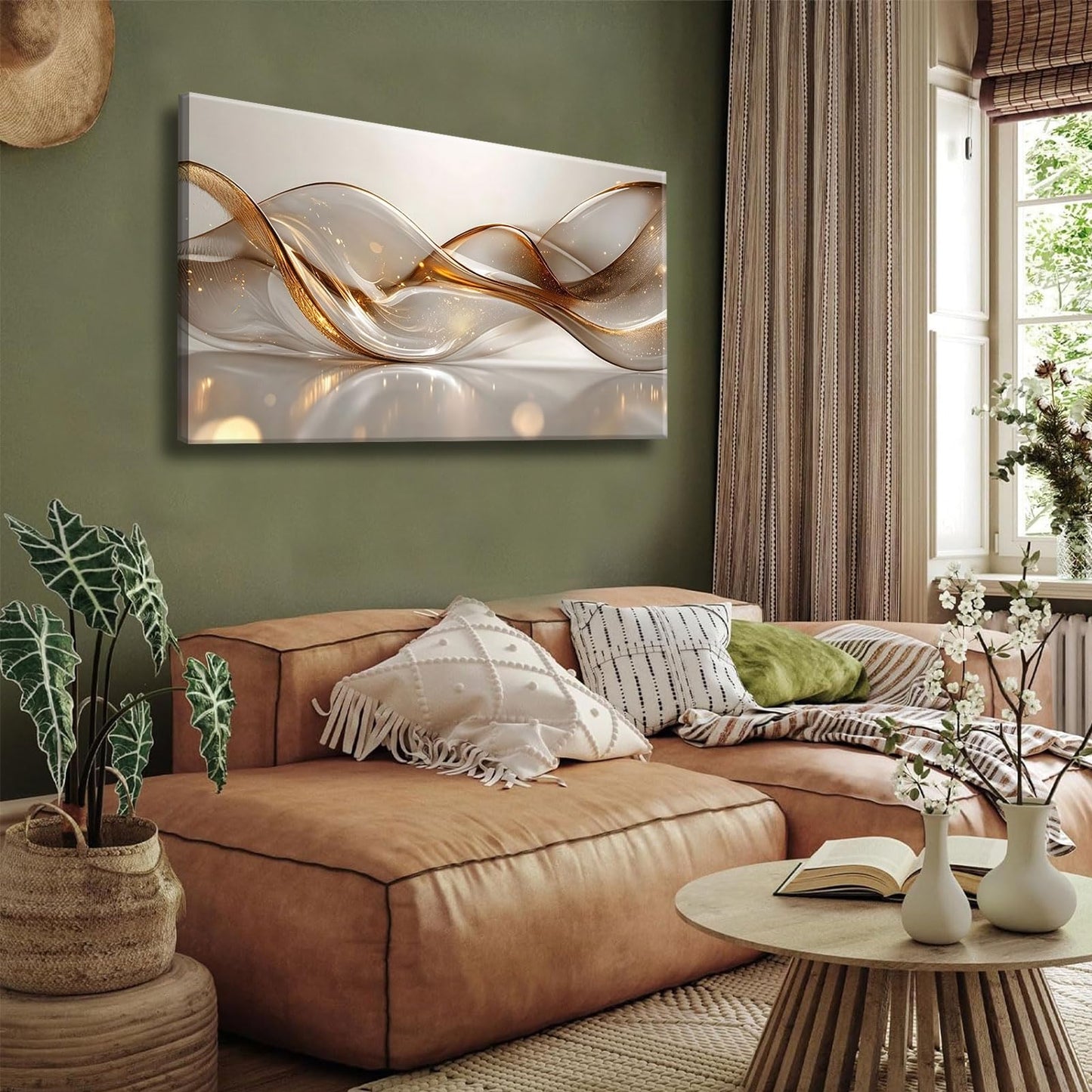 Modern Large Living Room Canvas Wall Art Gold Abstract Lines Decor painting Pictures Transparent Wave Neutral Posters Prints for Bathroom Bedroom Office Hallway Home Decoration