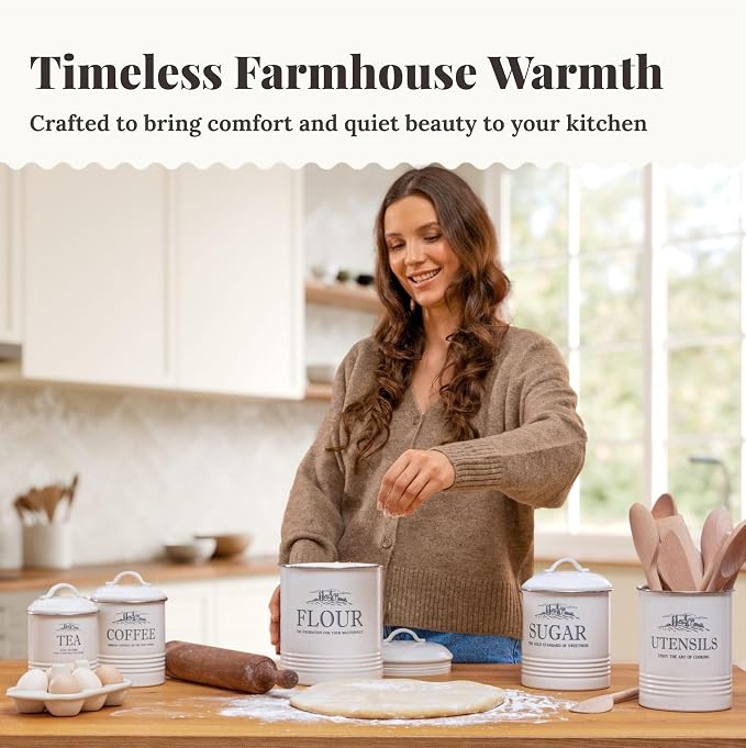 noonberry Kitchen Canisters for Countertop - 3-Piece Airtight Canister Set for the Kitchen Counter with Utensil Holder - Flour Sugar Containers - Cream-White Magnolia Finish
