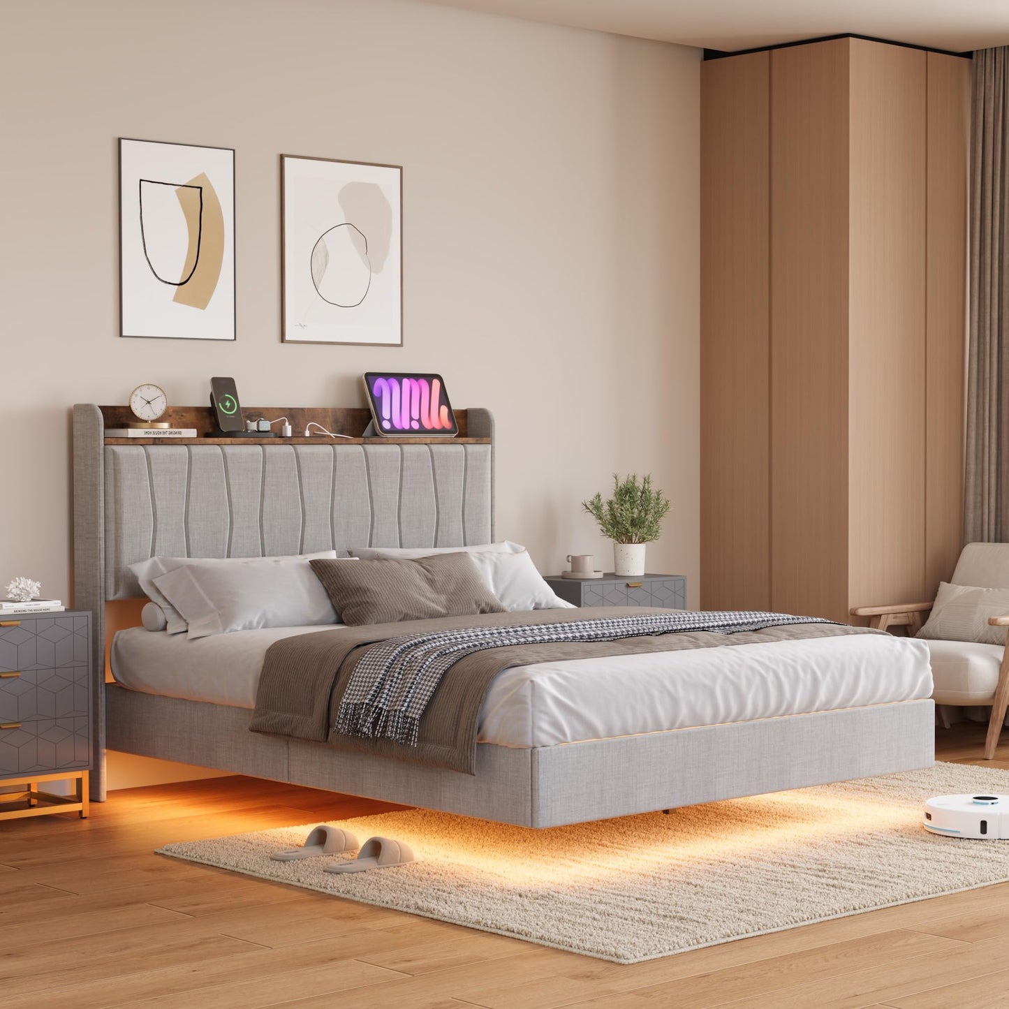 GarveeHome Floating Bed Frame King with LED Lights & USB Charging Station – Modern Upholstered Platform Bed with Headboard, Solid Wood Slats Support, No Box Spring, Easy Assembly, Noise-Free, Grey