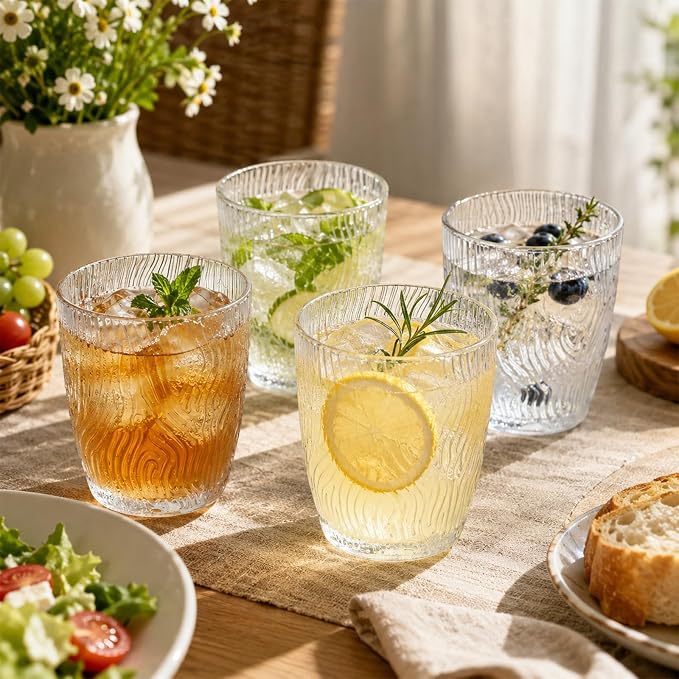 4 PCS Clear Acrylic Drinking Cups Reusable, Plastic Drinking Glasses, Acrylic Glasses Drinkware Stackable, Unbreakable Water Tumblers, Premium Textured, BPA Free, Dishwasher Safe, 330 ml/11.2 oz