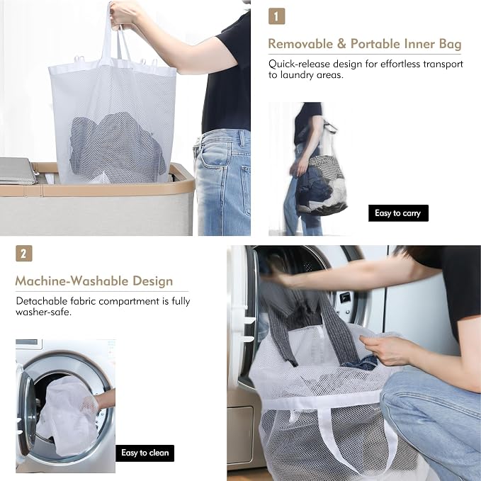DOKEHOM 160L Extra Large Laundry Hamper with Lid, 2-Section Double Laundry Basket with Removable Mesh Liner Bags, Collapsible Clothes Sorter for Family, Bedroom, Laundry Room, Light Grey