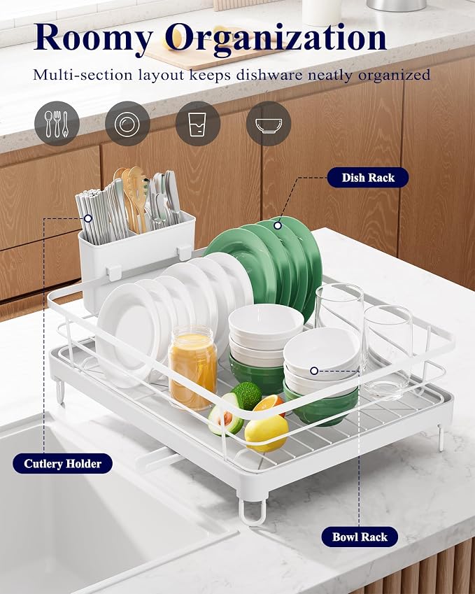 Kitsure Dish Drying Rack for Kitchen Counter, Stainless Steel Sink Organization and Storage Essentials with Cutlery Holder, Home and Appartment Decor, 12.7''W x 16.7''L, White