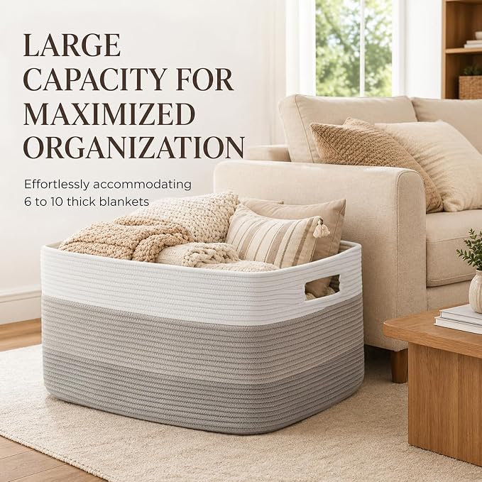 OIAHOMY Large Blanket Basket, 22”x17”x12” Rectangle Woven Baskets, Nursery Blanket Storage Living Room, Toy Storage With Handle, Large Baskets for Organizing-Gradient Grey