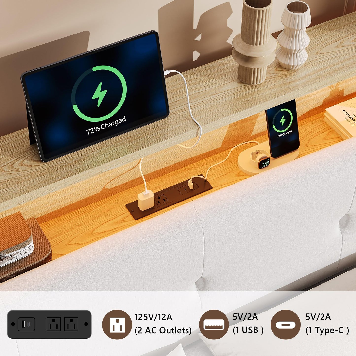 Einhomn Floating Bed Frame Full with 2-Tier Storage Velvet Fabric Upholstered Headboard, Wooden Platform Bed Frame w/Charging Station & LED Lights, Metal Slats Support, No Box Spring Needed, Natural