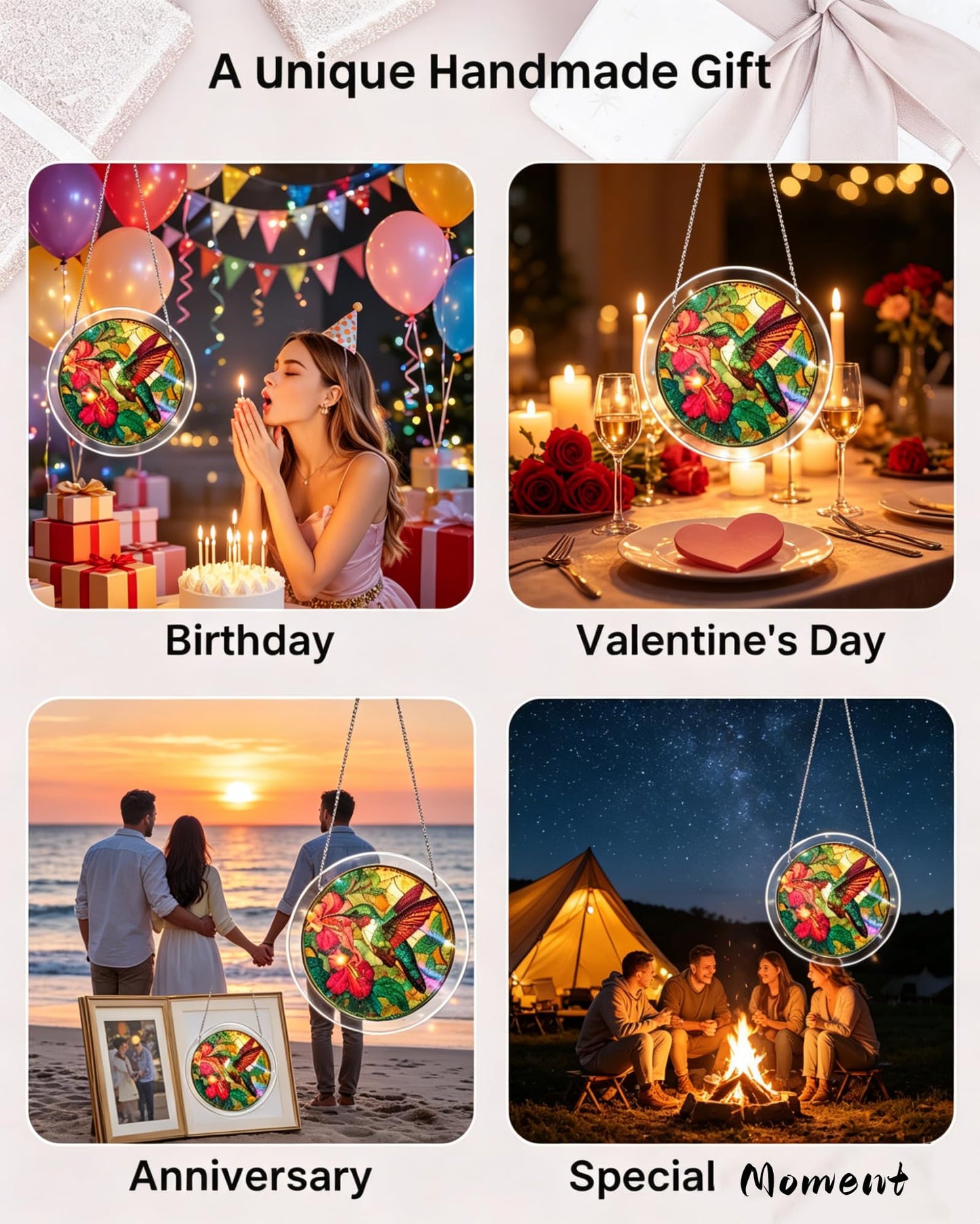 FINEED Acrylic Jigsaw Puzzle Suncatcher, 83 Pcs Stained Glass Window Hanging, Emerald Flame Hummingbird DIY Sun Catcher with Metal Chain, Garden Home Decor, Creative Gift for Women Mom Wife Grandma