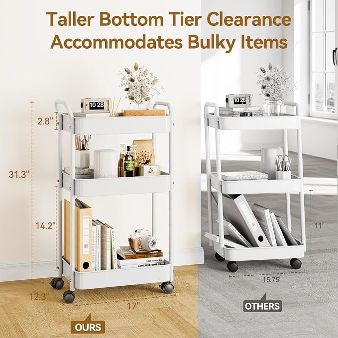 YASONIC 3-Tier Metal Rolling Cart, Sturdy Storage Utility Carts with Wheels, Multifunction Craft Art Organizer for Bedroom, Laundry, Garage, Office, Nursery, Bathroom, Easy Assembly (White)