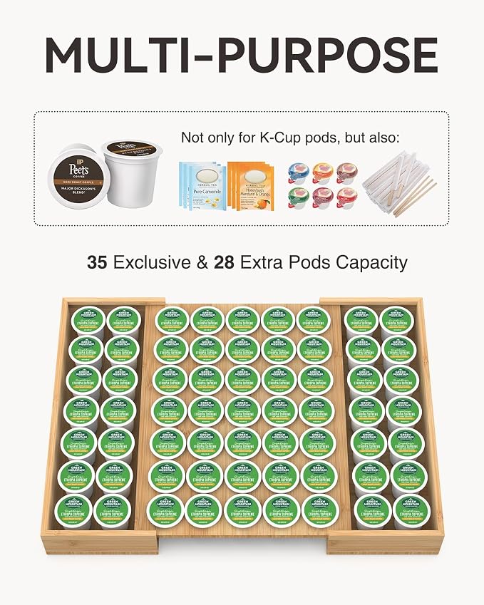 Larger Expandable Bamboo Coffee Pod Holder for Counter Drawer Display, 35 Pod Capacity, K-Cup Pods - Tea Bags Storage Organizer Holder (Bamboo)