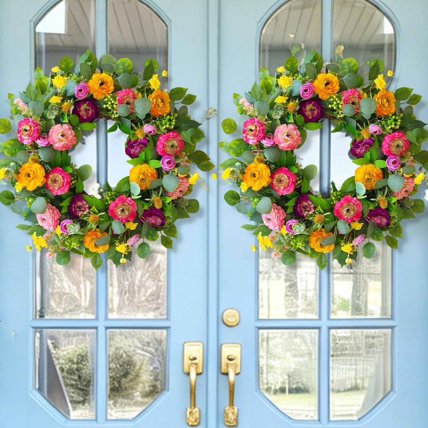 CHvista Spring Wreaths for Front Door 24 Inch Outdoor Spring Wreath with Peony Rose Ranunculus & Eucalyptus,Handmade Silk Summer Wreaths for Front Door,Spring Door Wreath for Porch Home Wall Window