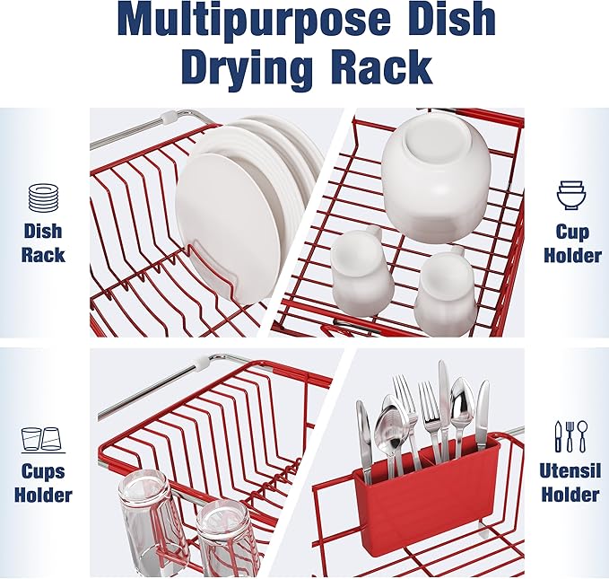 JASIWAY Red Dish Drying Rack in Sink, Expandable Stainless Steel Dish Drainers for Kitchen Counter, Dish Dryer Rack for Inside Sink, Over The Sink Dish Racks with Utensil Holder