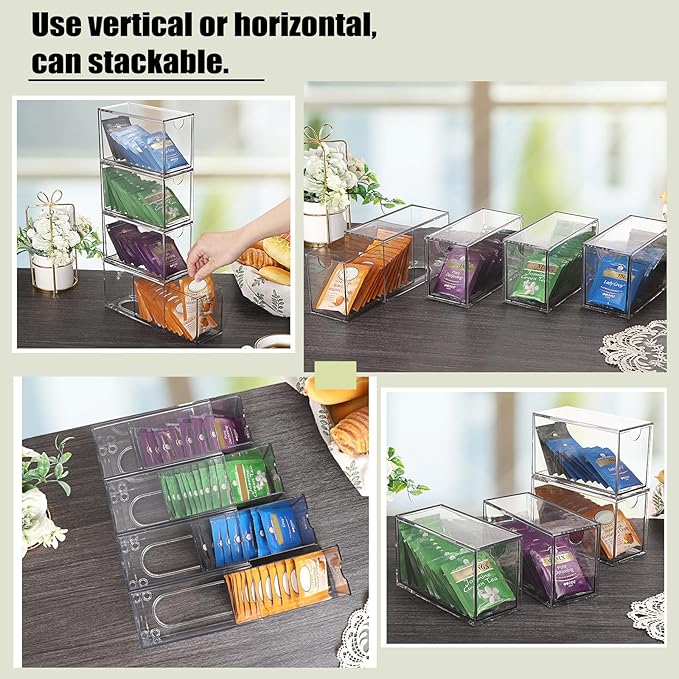 ELLDOO 4 Drawers Tea Bag Organizer, Clear Acrylic Stackable Tea Bag Storage Holder for Kitchen Pantry, Coffee Pod Snack Storage for Countertop Cabinet