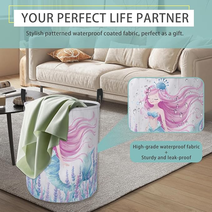 Mermaid Laundry Basket With Handles Tote Bag Oxford Cloth Funny Laundry Hamper Clothes Storage Bucket Toy Organizer 16" X 20.8"For Bathroom/Laundry/Bedroom