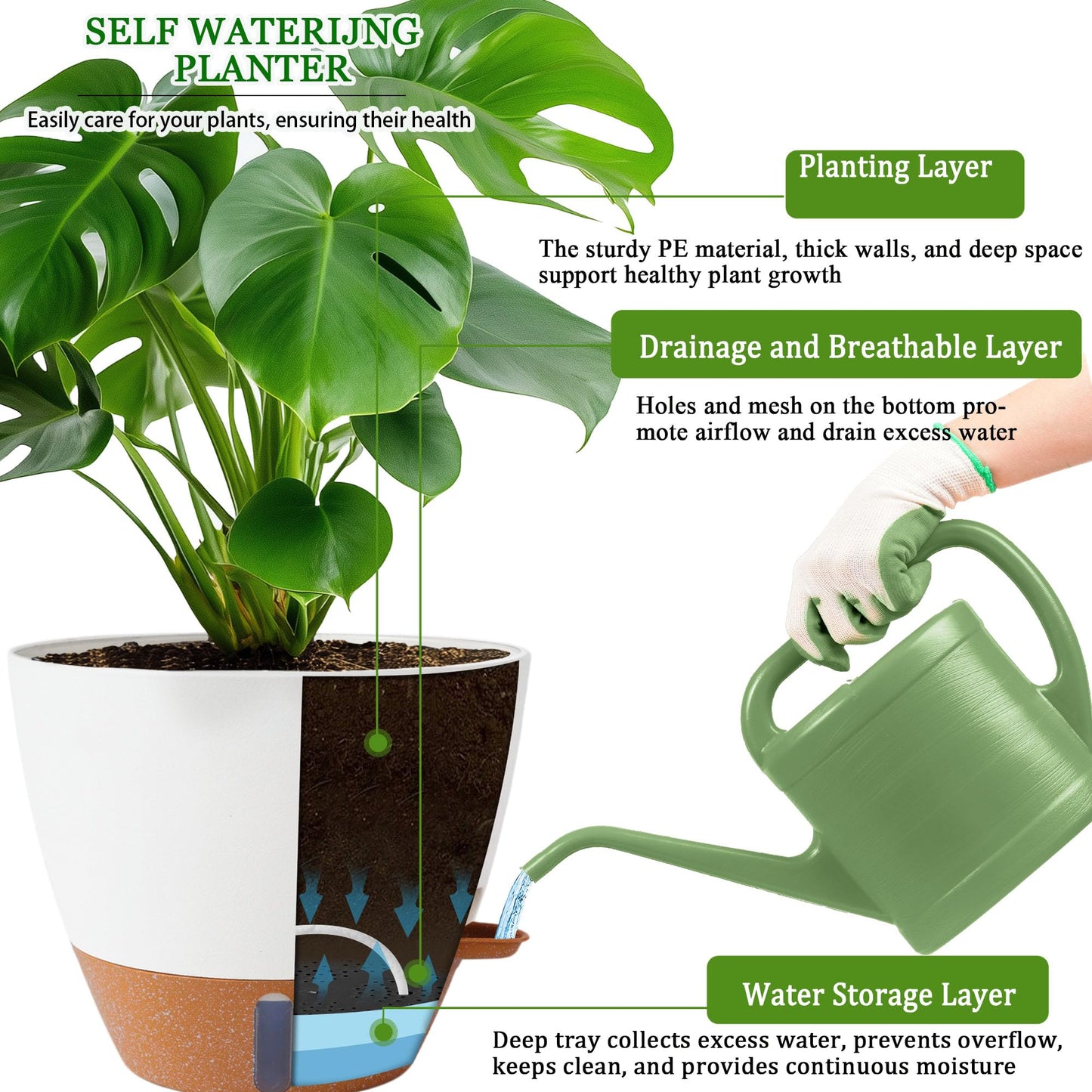 Fielda 8/10/12 Inch Self Watering Pots for Indoor/Outdoor Plants - Large Plastic Planter with Drainage Holes, Water Level Indicator & Deep Reservoir, Modern Decorative Flower Pots (White)