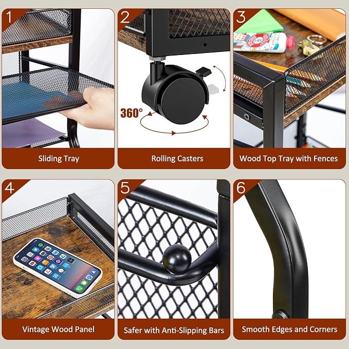 5-Tier Rolling File Cart with Lockable Wheels, Mobile File Cabinet for Hanging File Folders Sliding Trays, Under Desk Storage, Paper Organizer Utility Cart Filing Cabinet for Office, Home, School