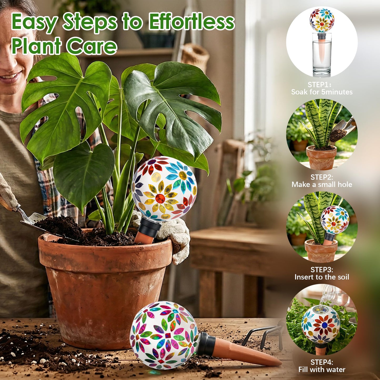Chonsun Terracotta Watering Spikes Mosaic Watering Globes for Outdoor Plants 2 Pack Automatic Plant Waterer Watering Devices Water Bulbs