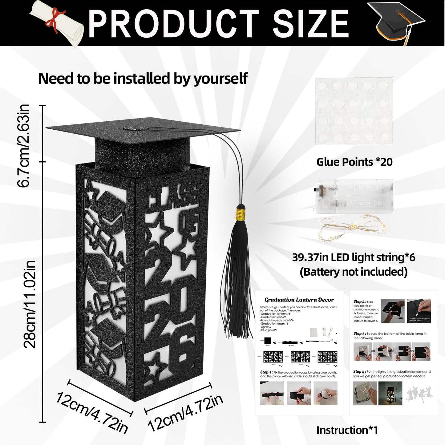 6 Pcs Graduation Table Centerpieces Boxes Class of 2026 Graduation Paper Lanterns Boxes with LED Hollow Out Black for Congrats Grad School College Table Decorations Grad Party Photo Props