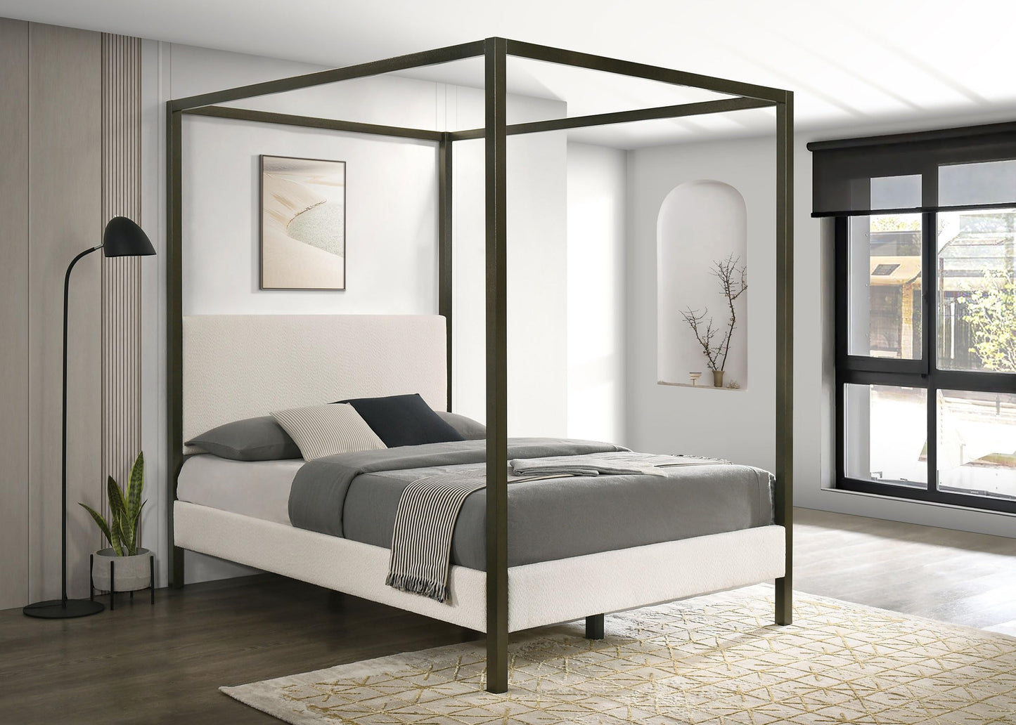 Coaster Home Furnishings - Monroe - Wood - Upholstered Canopy Bed with Four-Post Metal Frame, Padded Headboard and Transitional Style - Bedroom - Queen Size - Vanilla - 300834Q